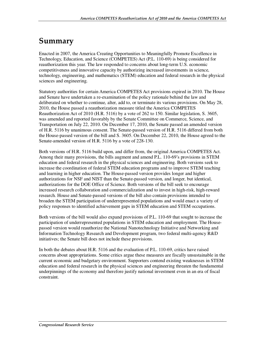 [20101221]R41231_《2010年美国竞争再授权法案》（H.R.5116）和《美国竞争法》（P.L.110-69) 选定的政策问题.pdf_第2页