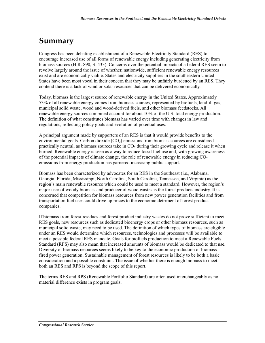 [20090504]R40565_生物质资源：美国东南部与可再生能源电力标准之争.pdf_第2页