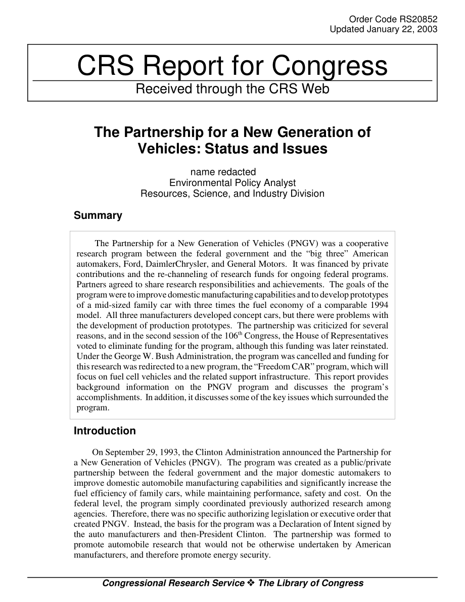 [20030122]RS20852_新一代车辆合作伙伴关系：现状和问题.pdf_第1页