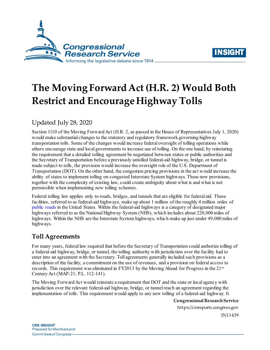[20200728]IN11439_《前进法案》（H.R.2） 将限制和鼓励公路收费.pdf_第1页