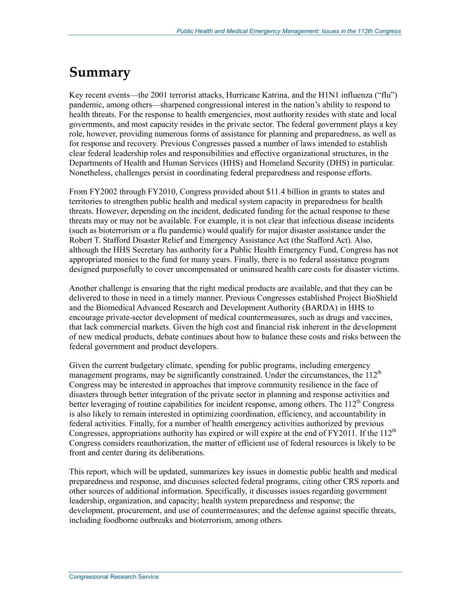 [20110218]R41646_公共卫生和医疗应急管理：第112届国会的议题.pdf_第2页