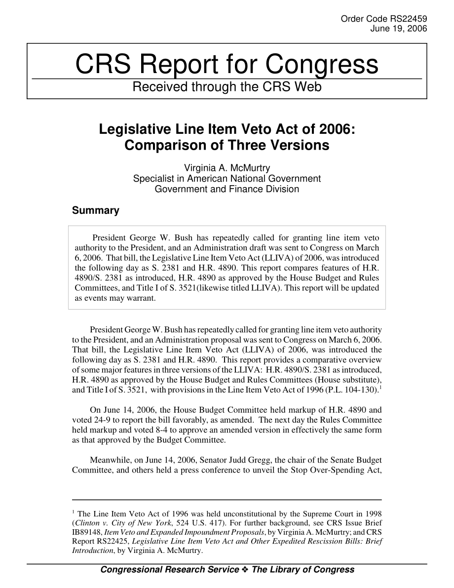 [20060619]RS22459_2006年立法分项否决法案：三个版本的比较.pdf_第1页