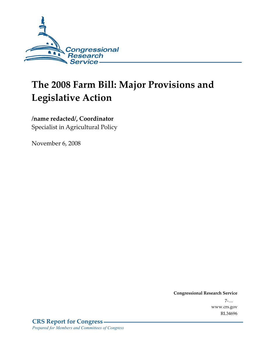 [20081106]RL34696_2008年农业法案：主要规定和立法行动.pdf_第1页