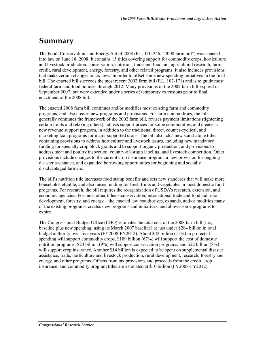 [20081106]RL34696_2008年农业法案：主要规定和立法行动.pdf_第2页