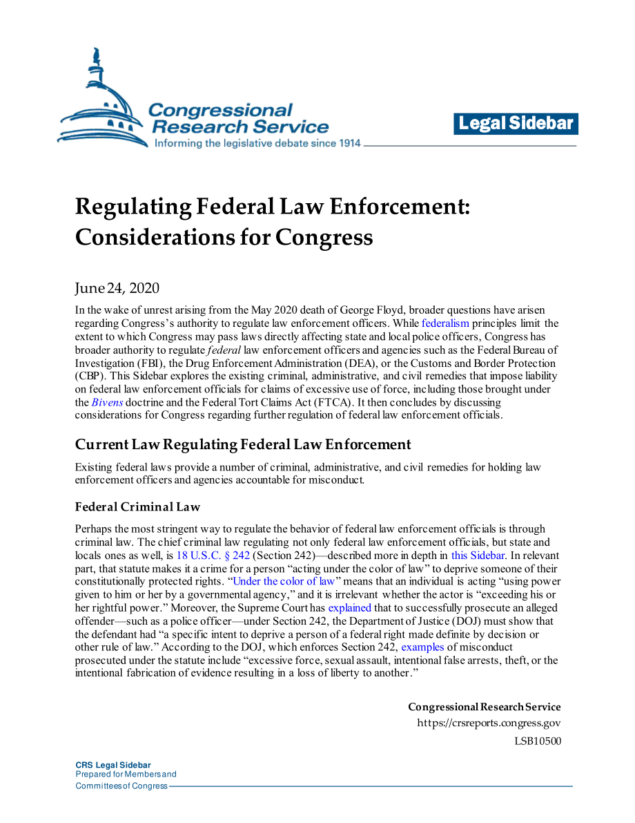 [20200624]LSB10500_规范联邦执法：国会考虑事项.pdf_第1页