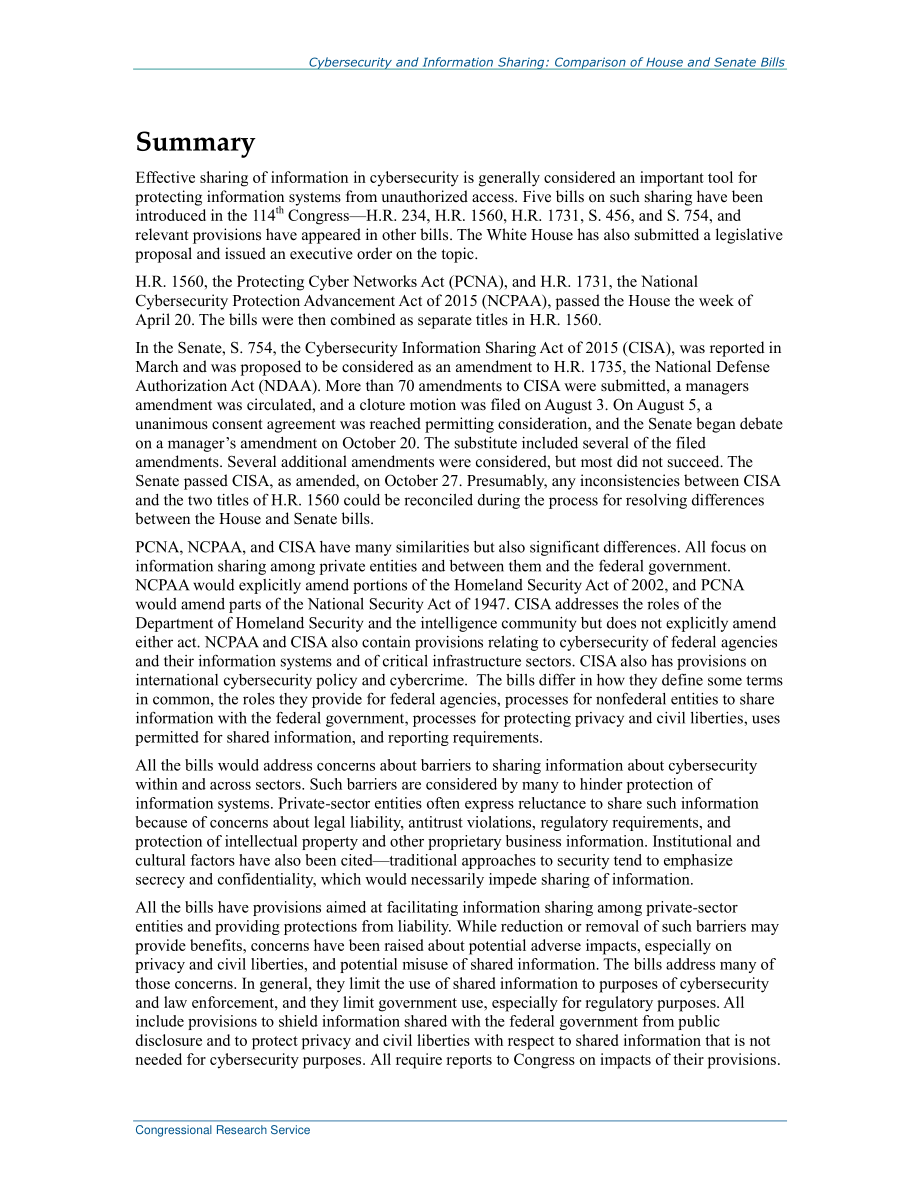 [20151106]R44069_网络安全和信息共享：H.R.的比较1560（PCNA和NCPAA）和S.754（CISA）.pdf_第2页