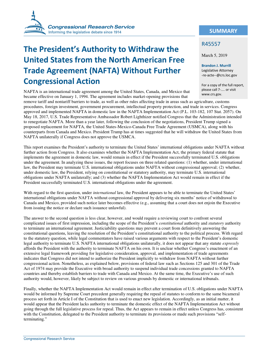 [20190305]R45557_总统授权美国退出北美自由贸易协定（NAFTA）而无需国会采取进一步行动.pdf_第2页