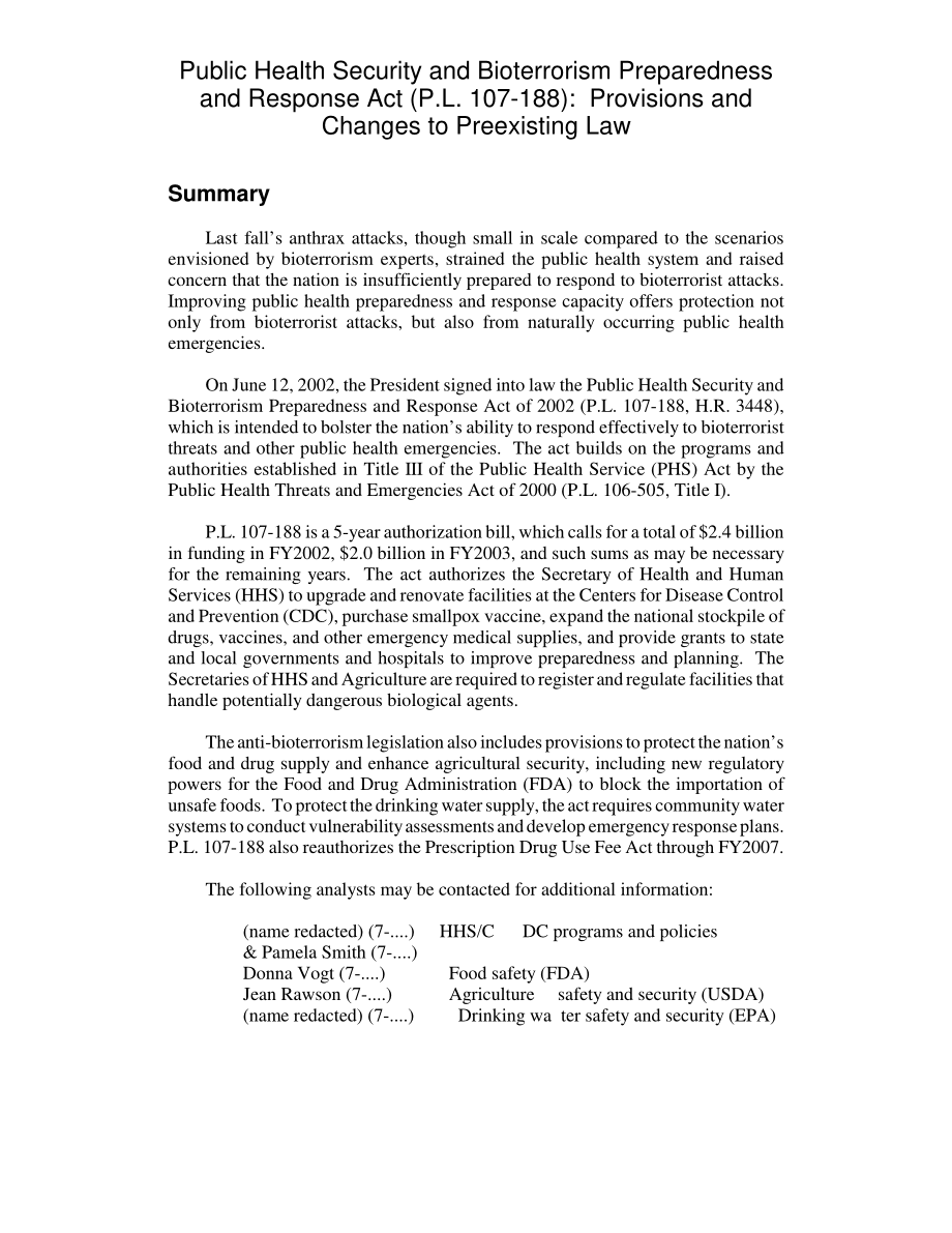 [20020821]RL31263_《公共卫生安全和生物恐怖主义防备与应对法案》（P.L.107-188) 对原有法律的规定和修改.pdf_第2页
