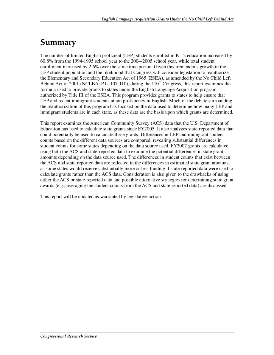 [20070629]RL34066_《不让一个孩子掉队法案》规定的英语语言习得补助金：国家拨款公式和数据选项分析.pdf_第2页