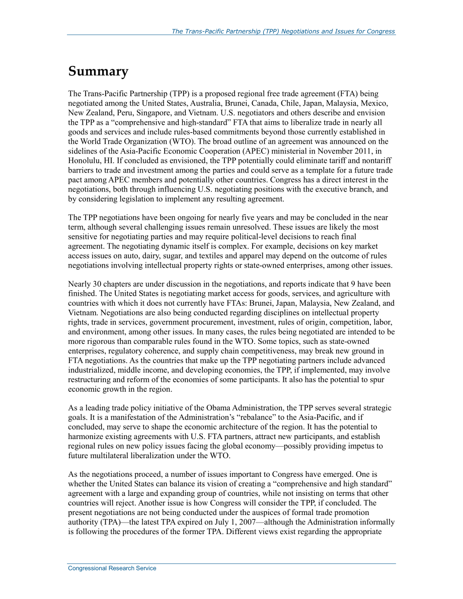 [20150320]R42694_跨太平洋伙伴关系（TPP）谈判和国会议题.pdf_第2页