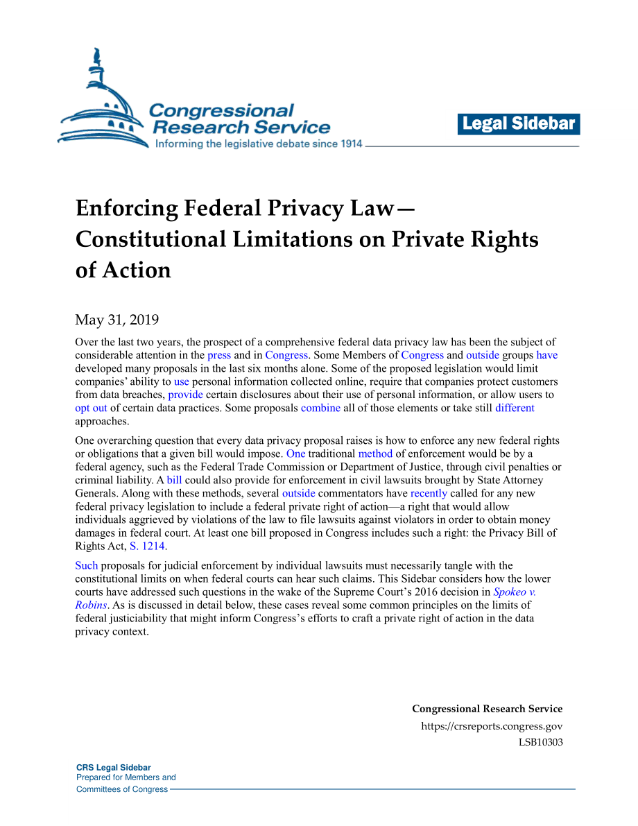 [20190531]LSB10303_执行联邦隐私法宪法对私人诉讼权的限制.pdf_第1页