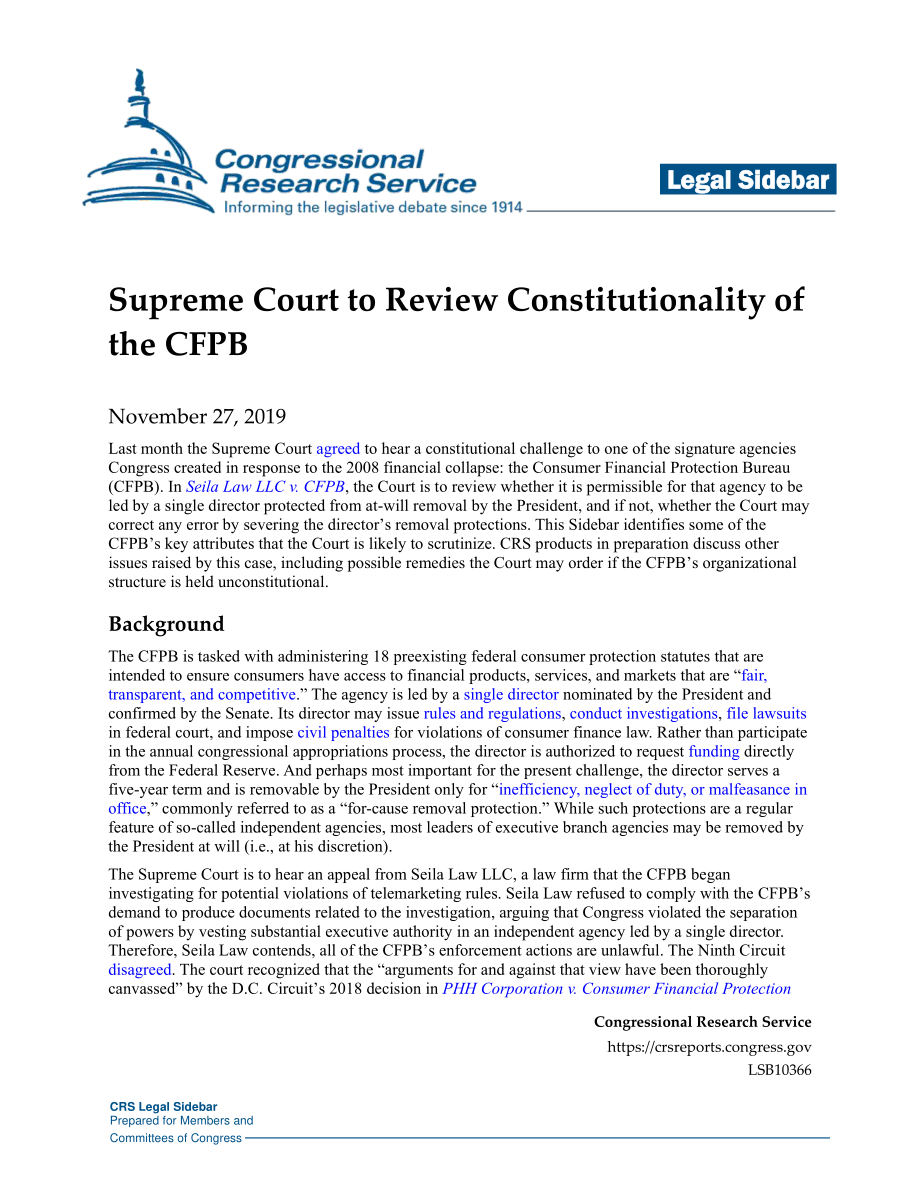 [20191127]LSB10366_最高法院将审查CFPB的合宪性 .pdf_第1页