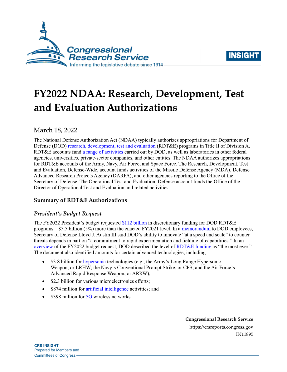 [20220318]IN11895_2022财年NDAA：研究、开发、测试和评估授权.pdf_第1页