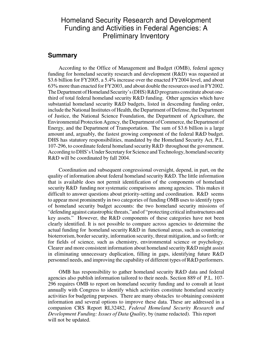 [20040712]RL32481_联邦机构的国土安全研发资金和活动：初步库存.pdf_第2页