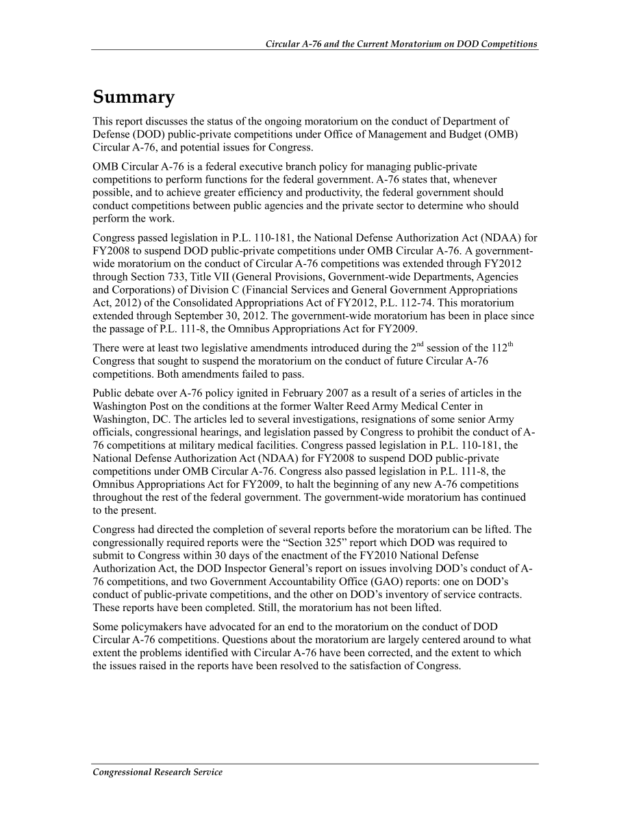 [20130116]R40854_通告A-76和暂停国防部竞赛：国会背景和议题.pdf_第2页