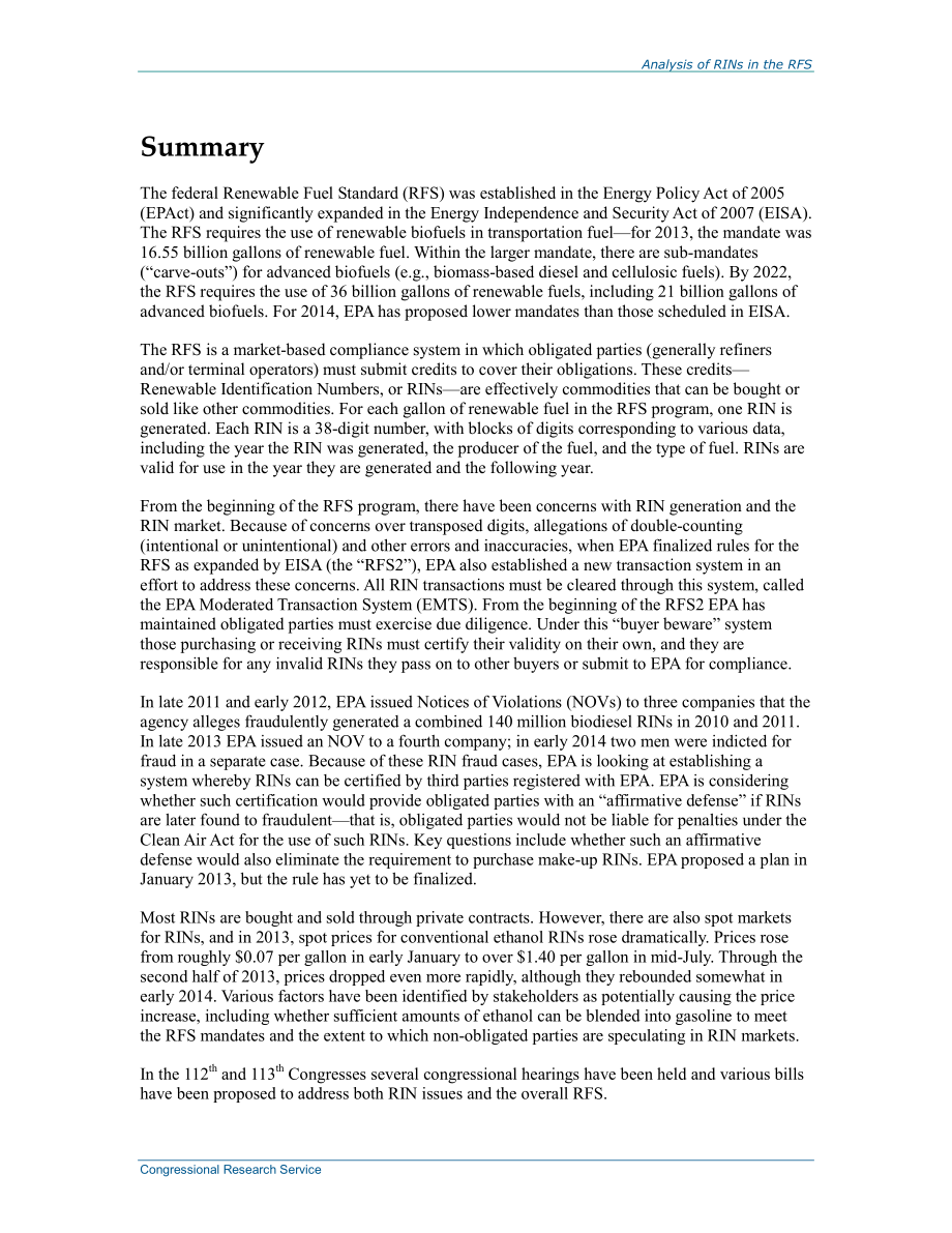 [20140408]R42824_可再生燃料标准（RFS）中可再生识别号（RIN）的分析.pdf_第2页