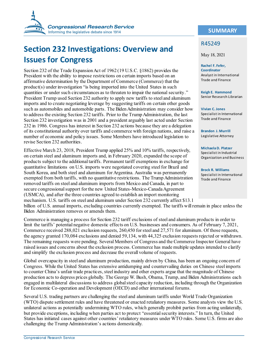 [20210518]R45249_第232节调查：国会概况和议题.pdf_第2页