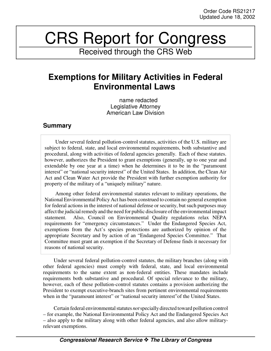 [20020618]RS21217_联邦环境法中的军事活动豁免.pdf_第1页