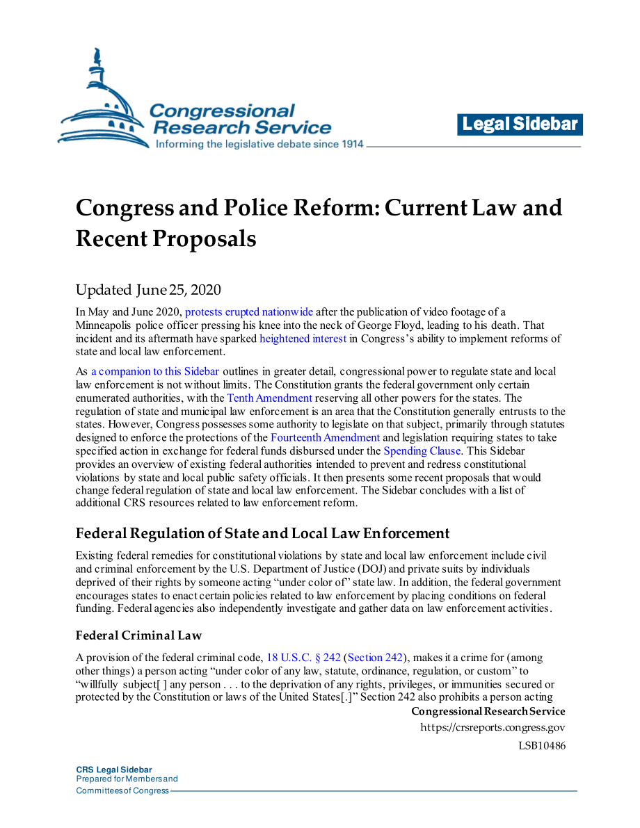 [20200625]LSB10486_国会和警察改革：现行法律和最新提案.pdf_第1页