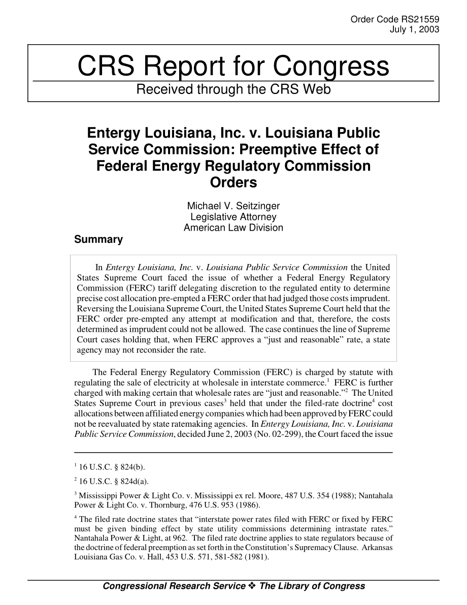 [20030701]RS21559_Entergy LouisianaInc.诉路易斯安那州公共服务委员会：联邦能源监管委员会命令的先发制人效力.pdf_第1页
