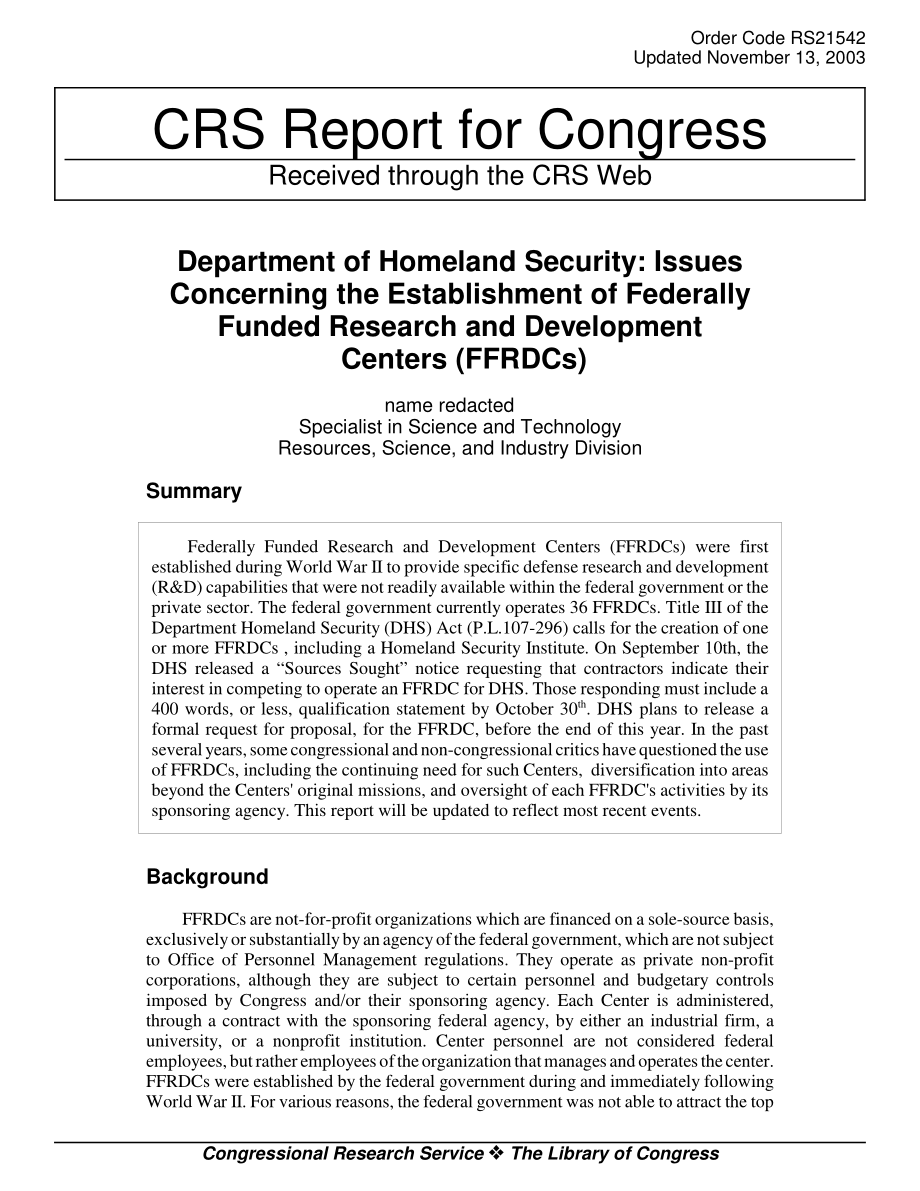 [20031113]RS21542_国土安全部：关于建立联邦资助研发中心（FFRDC）的问题.pdf_第1页