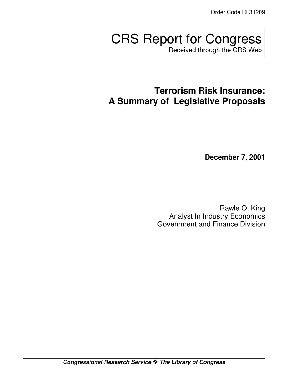 [20011207]RL31209_恐怖主义风险保险：立法提案摘要.pdf_第1页