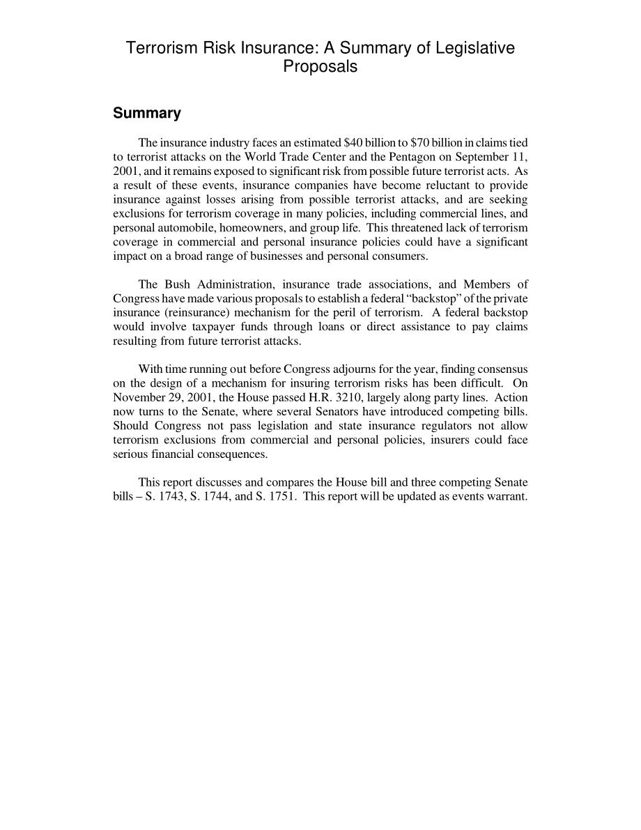 [20011207]RL31209_恐怖主义风险保险：立法提案摘要.pdf_第2页