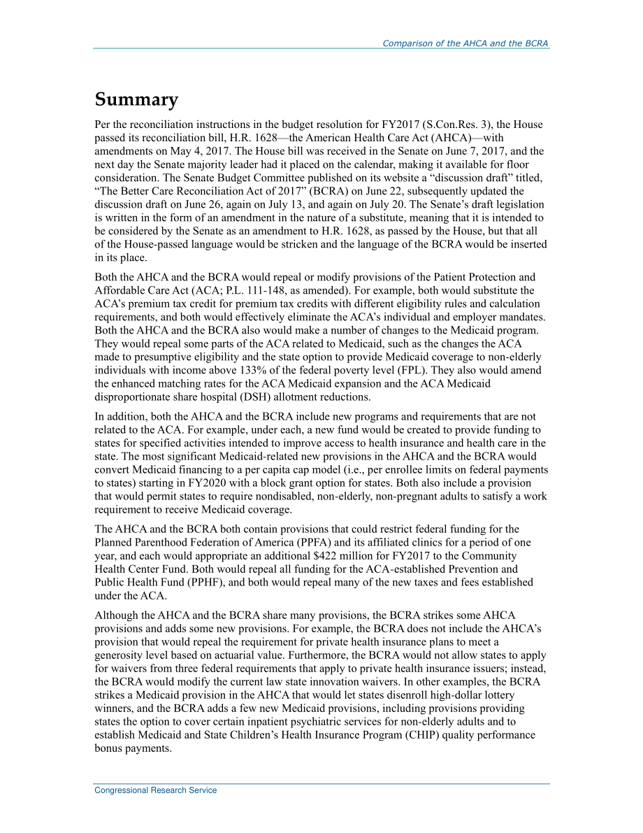 [20170723]R44883_《美国医疗法案》（AHCA）和《更好的医疗和解法案》（BCRA）的比较.pdf_第2页