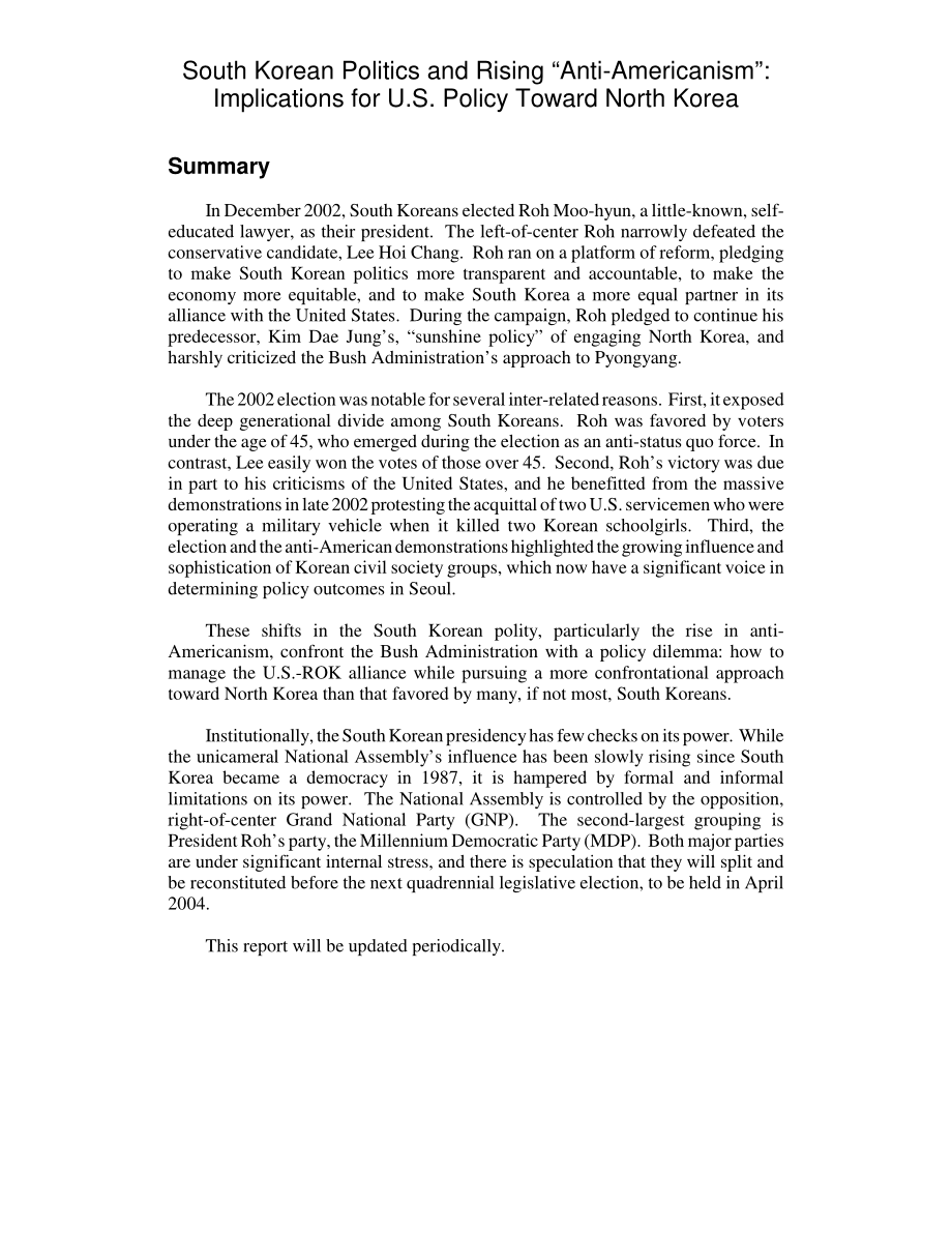 [20030506]RL31906_韩国政治和正在崛起的“反美主义”：对美国对朝政策的影响.pdf_第2页