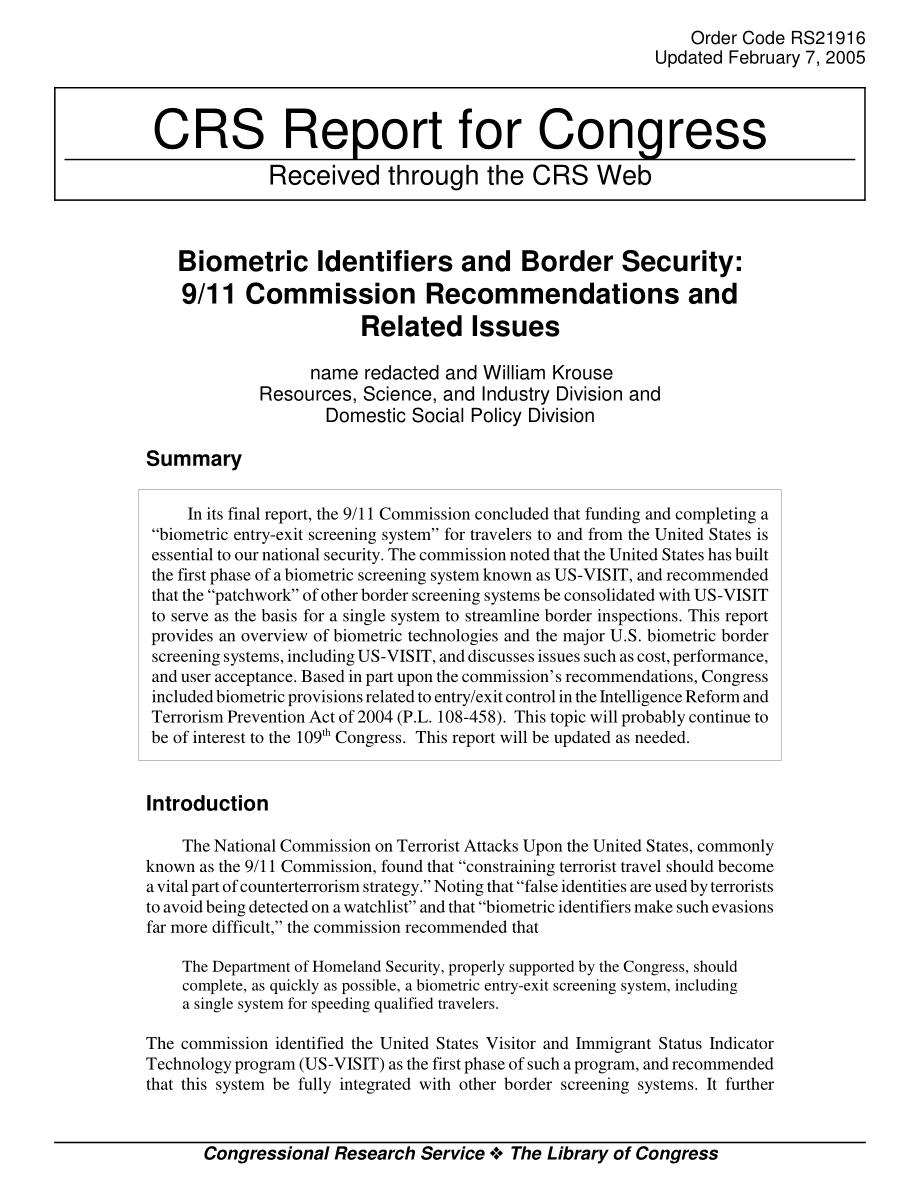 [20050207]RS21916_生物识别标识和边境安全：911委员会的建议和相关问题.pdf_第1页