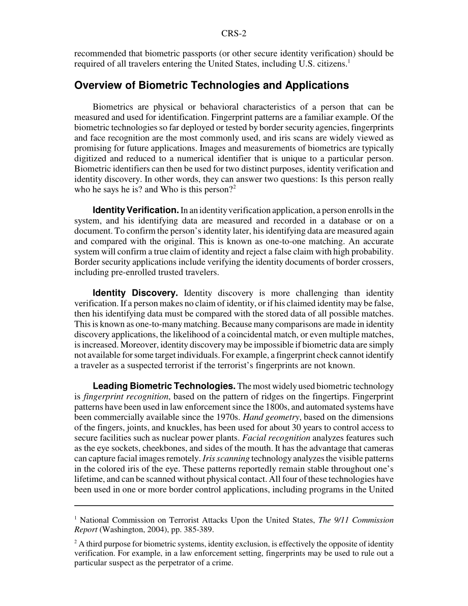 [20050207]RS21916_生物识别标识和边境安全：911委员会的建议和相关问题.pdf_第2页