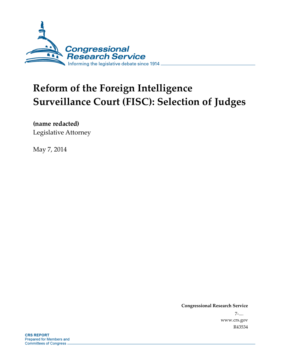 [20140507]R43534_外国情报监督法院（FISC）的改革：挑选法官.pdf_第1页