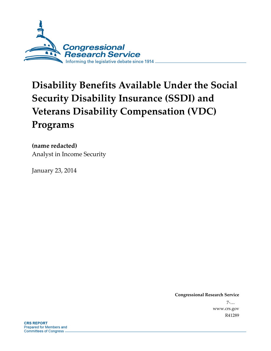 [20140123]R41289_社会保障残疾保险（SSDI）和退伍军人残疾补偿（VDC）计划下提供的残疾福利.pdf_第1页