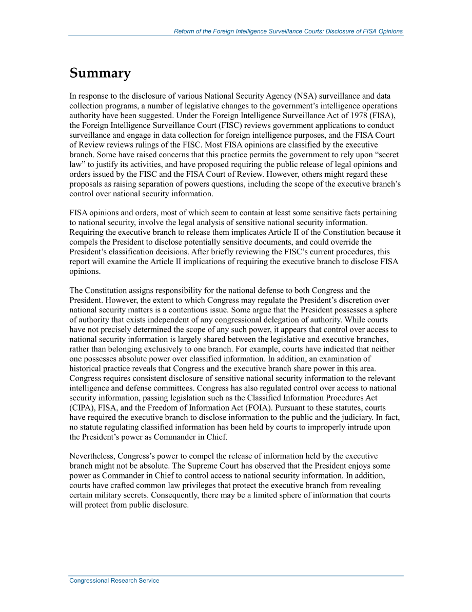 [20140224]R43404_外国情报监督法院的改革：FISA意见的披露.pdf_第2页