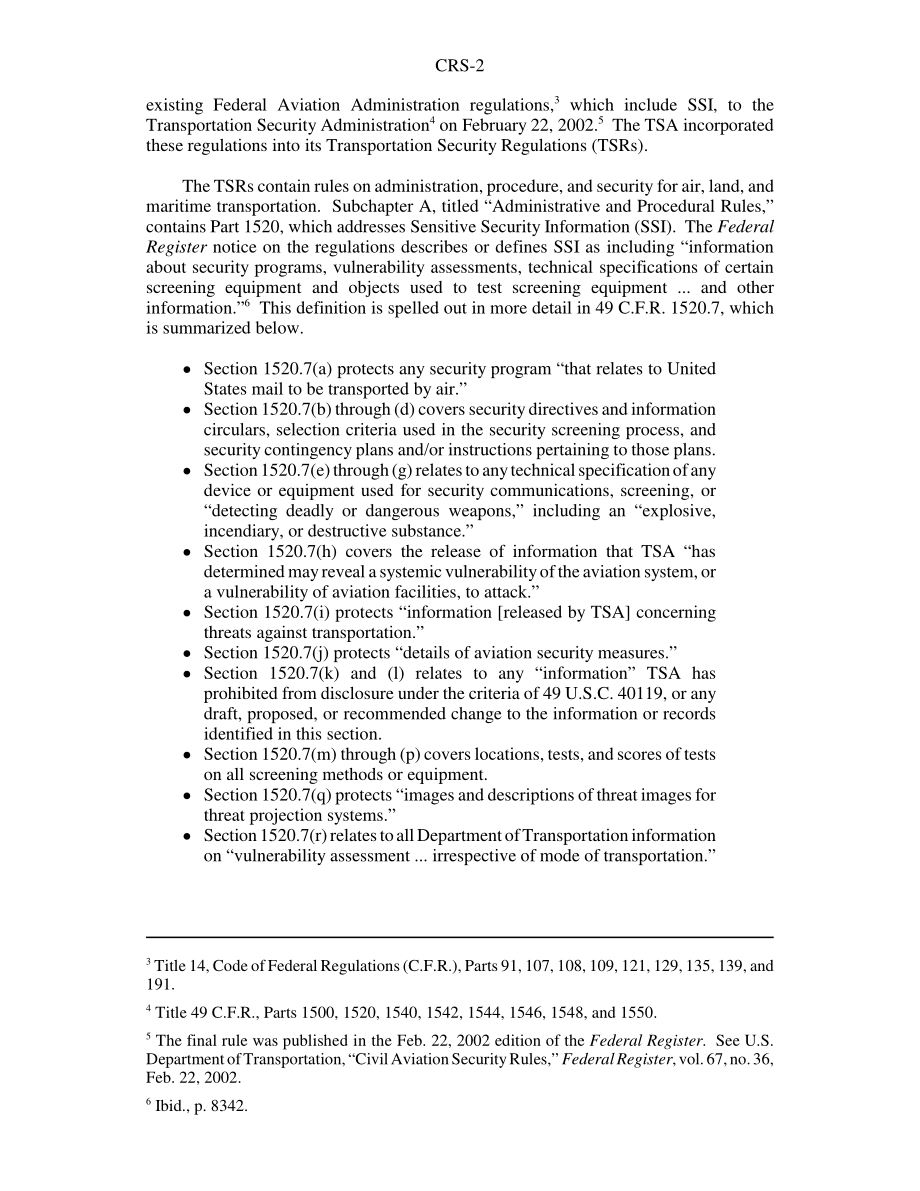 [20040205]RS21727_敏感安全信息（SSI）和运输安全：背景和争议.pdf_第2页