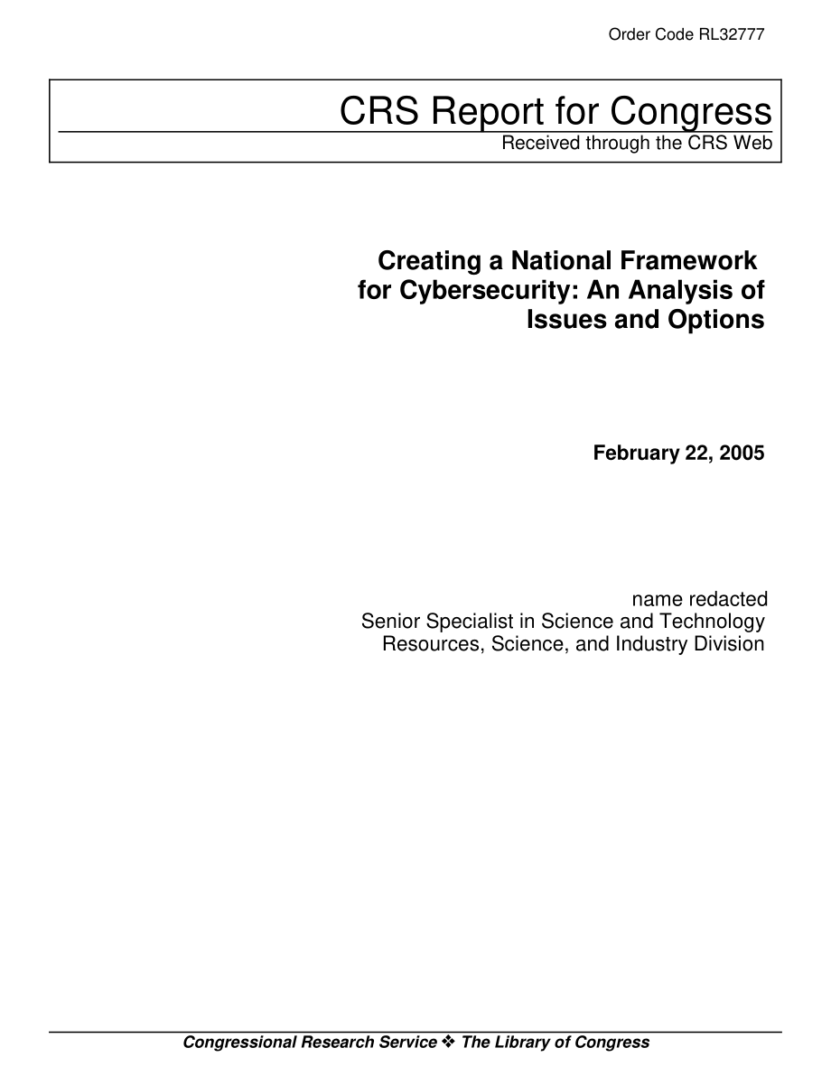 [20050222]RL32777_建立国家网络安全框架：问题和选择分析.pdf_第1页