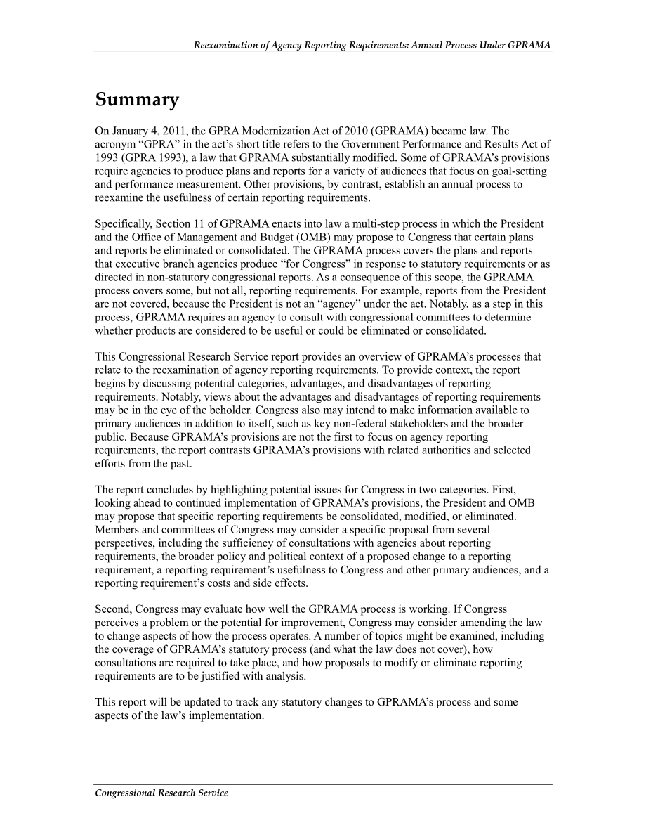 [20130529]R42490_重新审查机构报告要求：2010年GPRA现代化法案下的年度流程（GPRAMA）.pdf_第2页