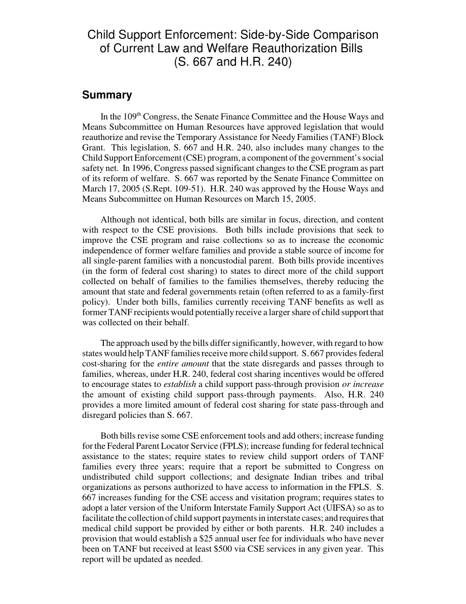 [20050607]RL32937_儿童抚养强制执行：当前法律和福利再授权法案的并列比较（S.667和H.R.240).pdf_第2页