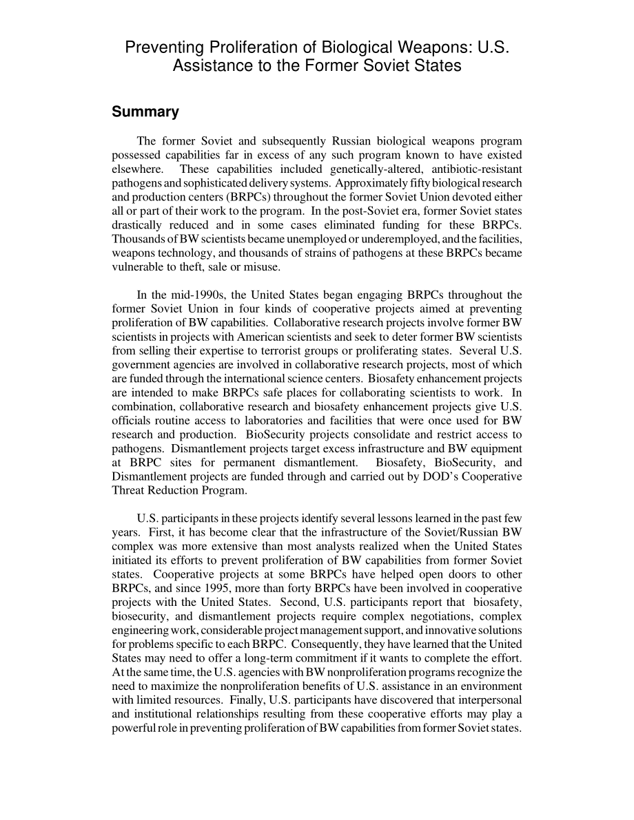 [20020419]RL31368_防止生物武器扩散：美国对前苏联国家的援助.pdf_第2页