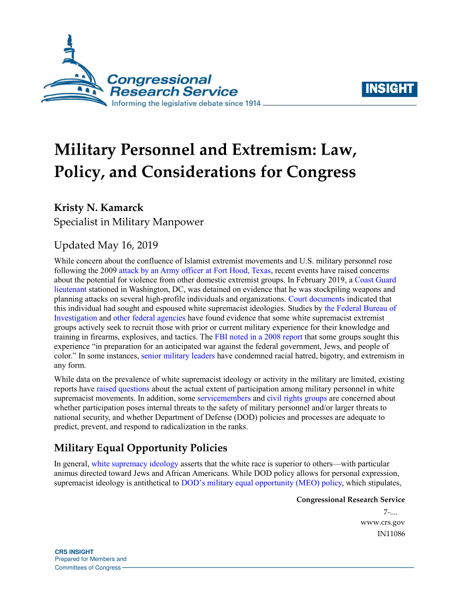 [20190516]IN11086_军事人员与极端主义：法律、政策和国会考虑.pdf_第1页