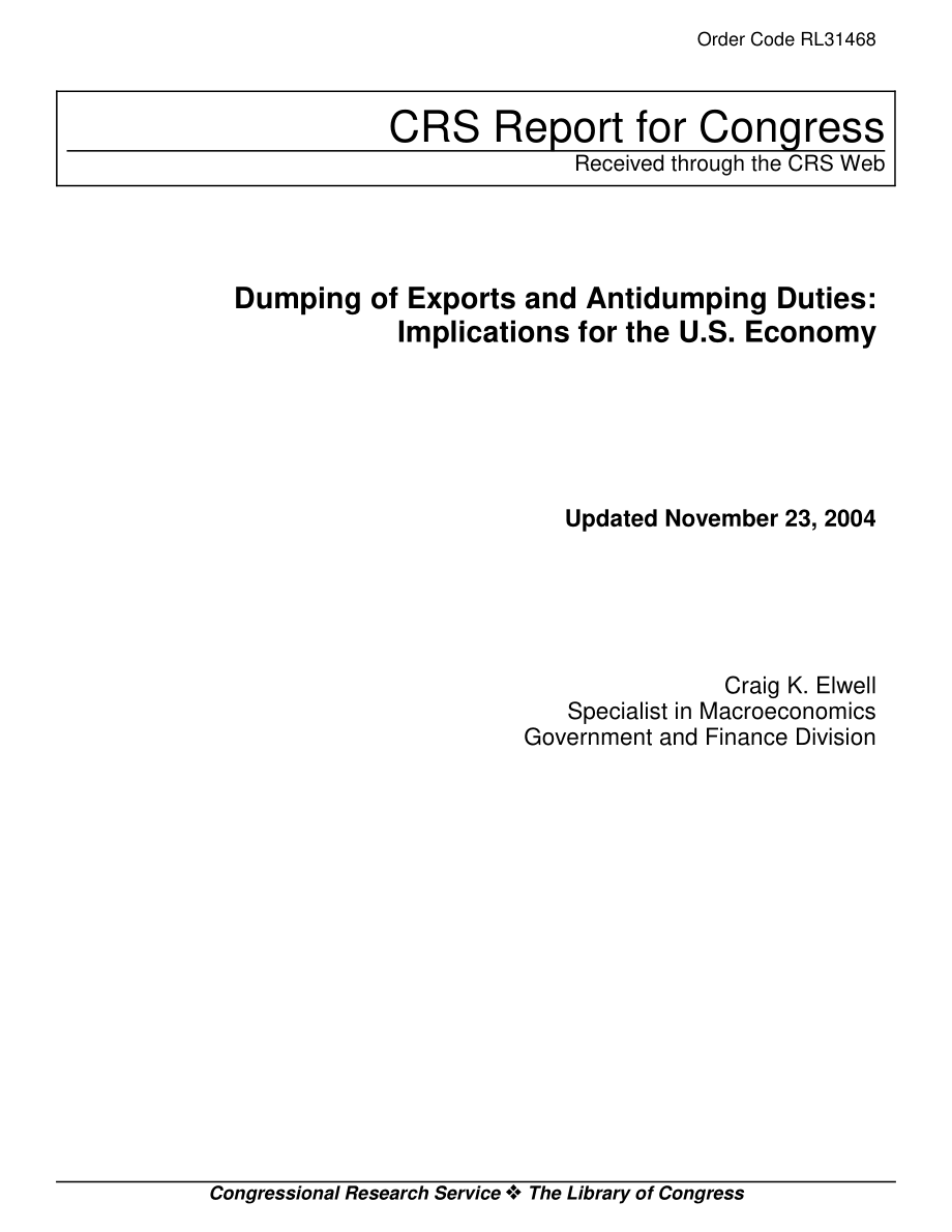 [20041123]RL31468_出口倾销和反倾销税：对美国经济的影响.pdf_第1页