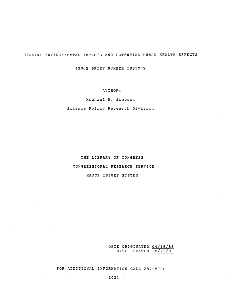 [19831021]IB83079_二恶英：环境影响和潜在的人类健康影响.pdf_第1页