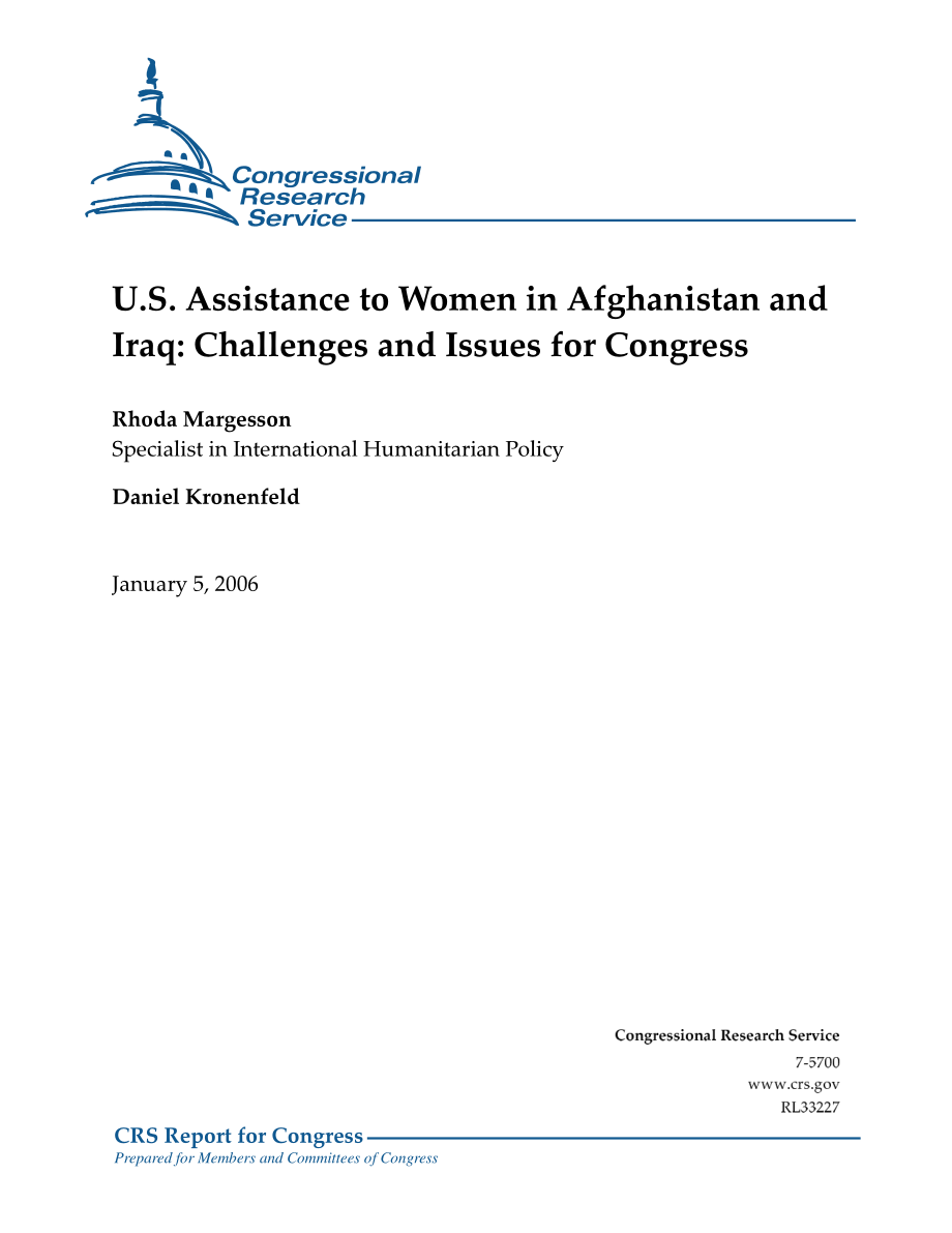 [20060105]RL33227_美国对阿富汗和伊拉克妇女的援助：国会面临的挑战和问题.pdf_第1页