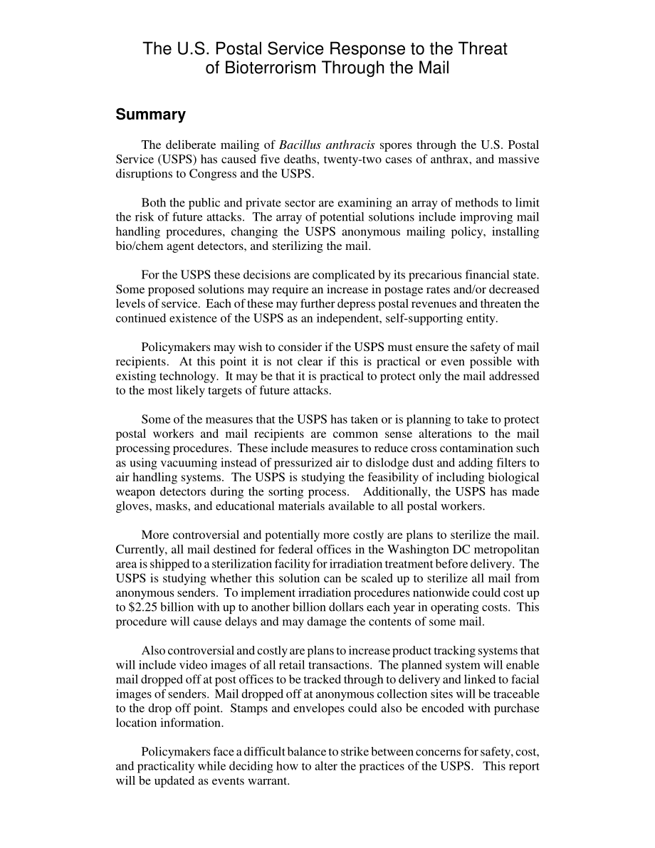 [20020605]RL31280_美国邮政局通过邮件应对生物恐怖主义威胁.pdf_第2页