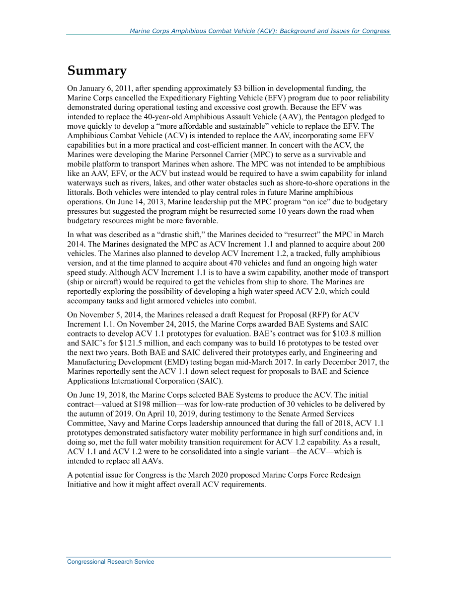 [20200723]R42723_海军陆战队两栖作战车辆（ACV）：国会背景和议题.pdf_第2页