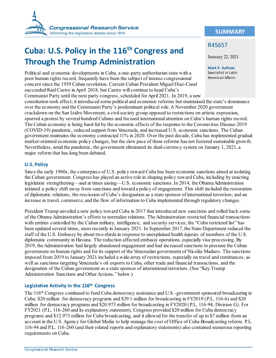 [20210122]R45657_古巴：美国在第116届国会和特朗普政府的政策.pdf_第2页