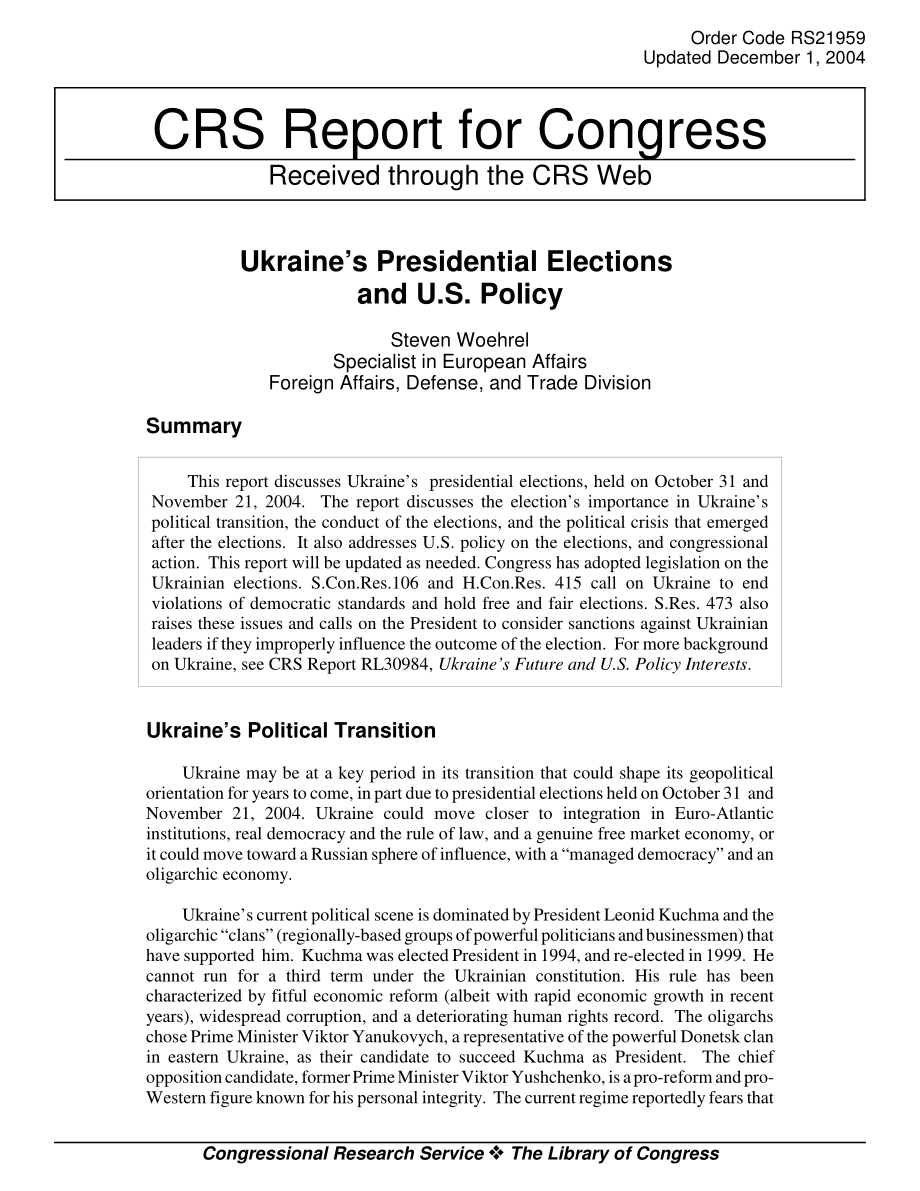 [20041201]RS21959_乌克兰总统选举与美国政策.pdf_第1页