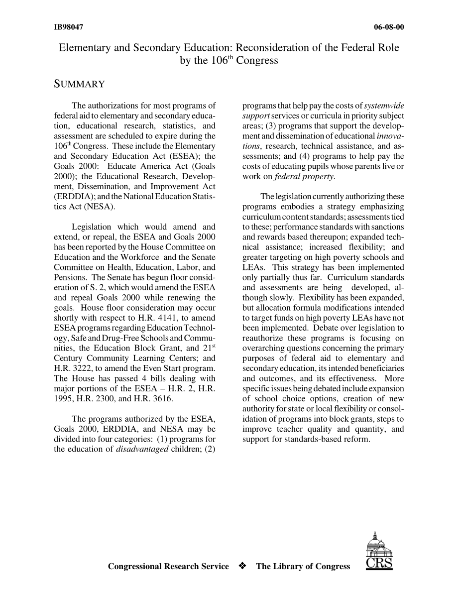 [20000608]IB98047_初等和中等教育：第106届国会对联邦作用的重新思考.pdf_第3页