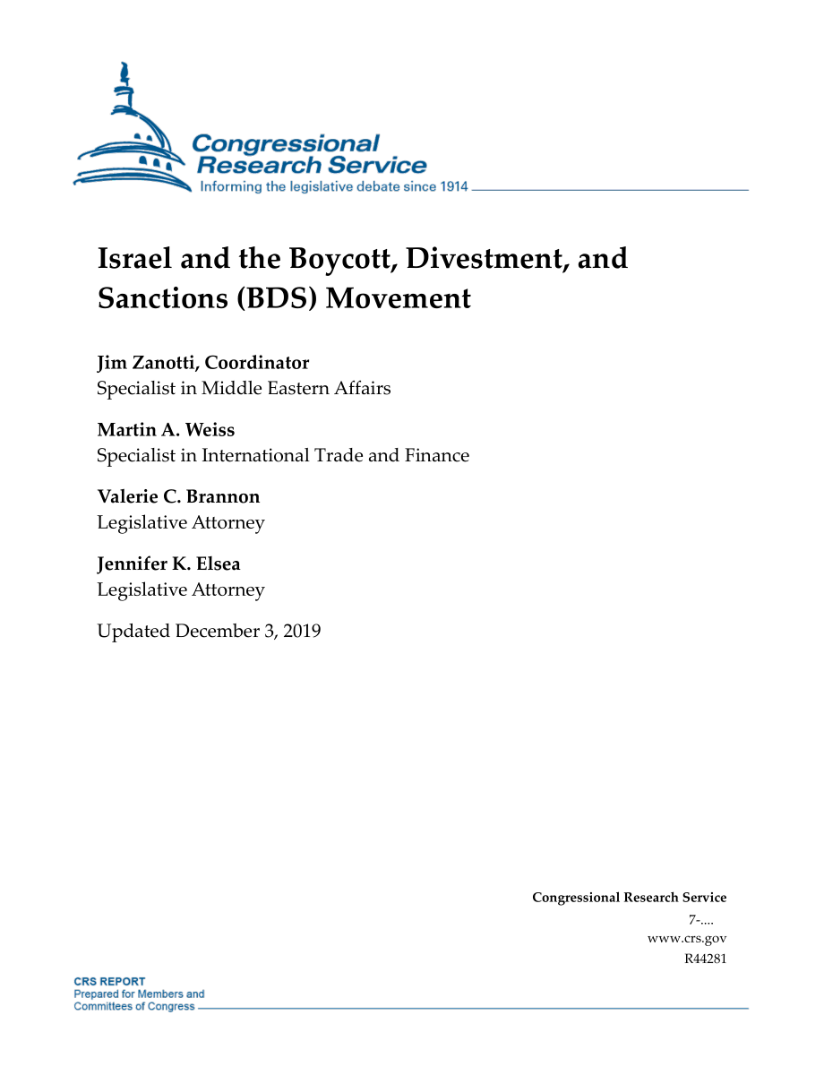 [20191203]R44281_以色列和抵制、撤资和制裁（BDS）运动.pdf_第1页