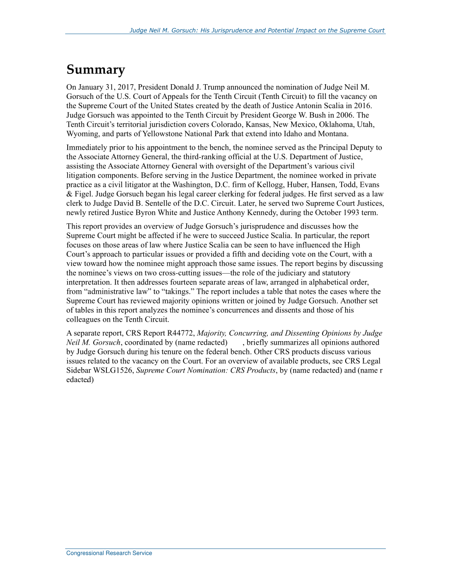 [20170308]R44778_Neil M.Gorsuch法官：他的判例和对最高法院的潜在影响.pdf_第2页